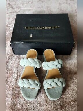 NWT Rebecca Minkoff Braided Double-Strap Slide Sandals in Sage Green. NIB. Sz 7.